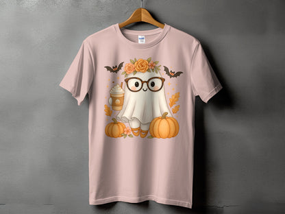 Ghost with glasses, flowers, bats, and pumpkins on a pink t-shirt.