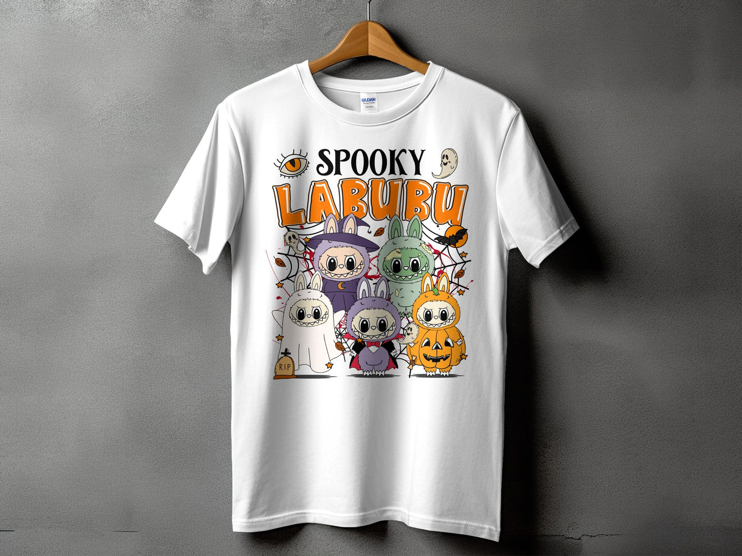 White t-shirt with "Spooky Labubu" text and five Halloween-themed characters.