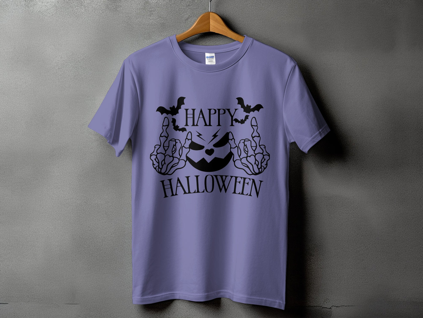 Purple t-shirt with "HAPPY HALLOWEEN" text and spooky graphics.