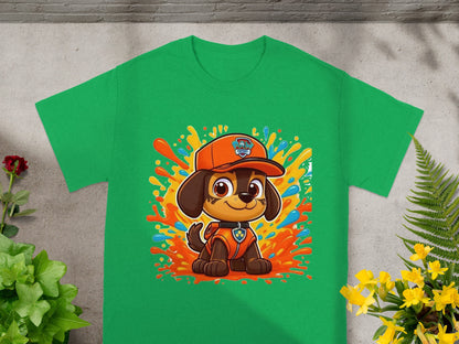 Green t-shirt with a cartoon dog wearing an orange cap and vest.