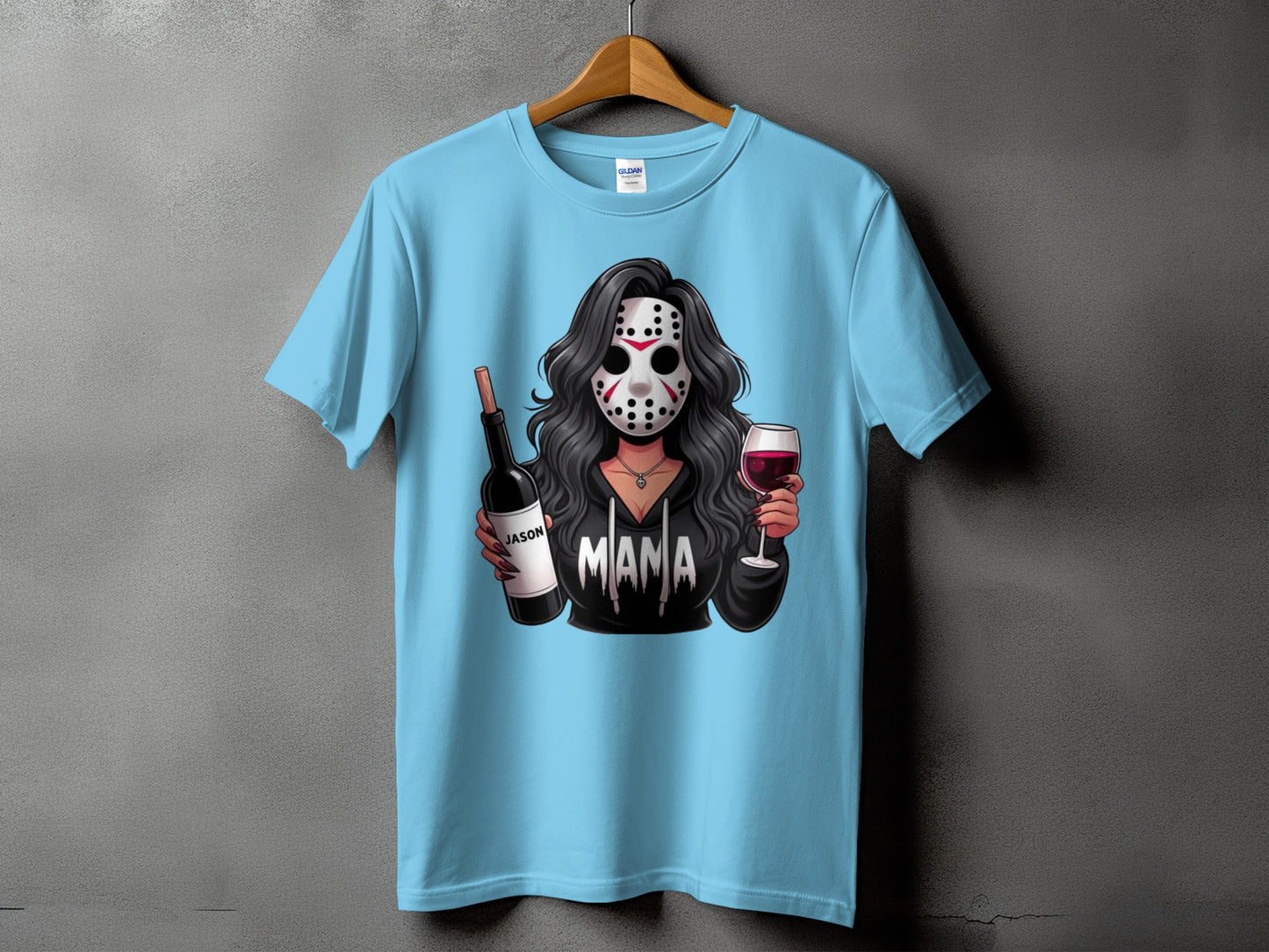 Light blue t-shirt with graphic of a woman in a Jason mask holding a bottle and wine.