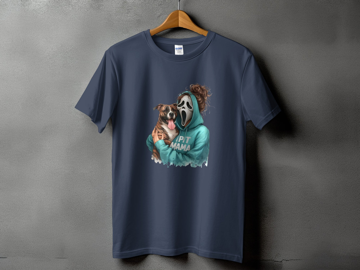 Graphic tee with a person in a ghost mask holding a dog, text reads "PIT MAMA".