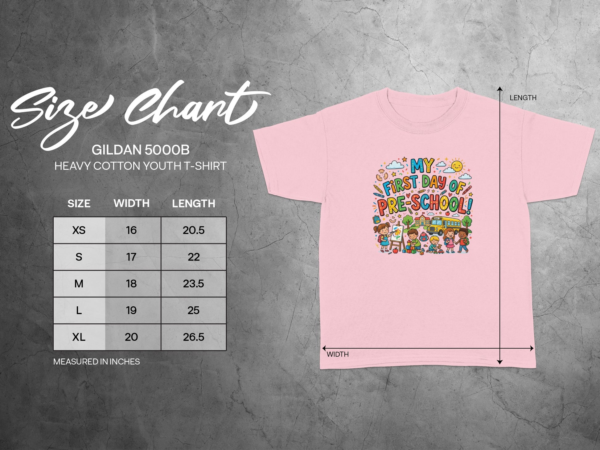 Gildan 5000B youth t-shirt size chart with width and length measurements.