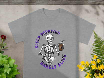 Sleep Deprived Barely Alive Skeleton graphic t-shirt