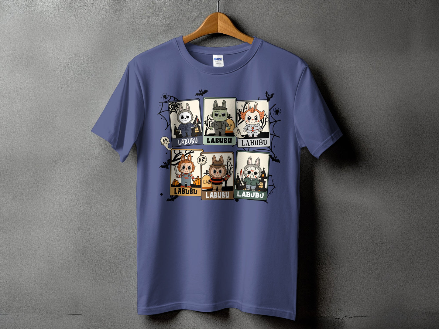 T-shirt with six Halloween-themed cartoon characters, each labeled "LABUBU".