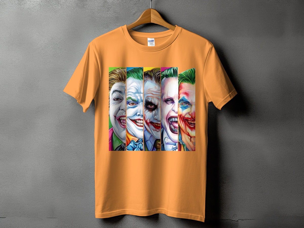Orange t-shirt with a colorful collage of Joker faces.