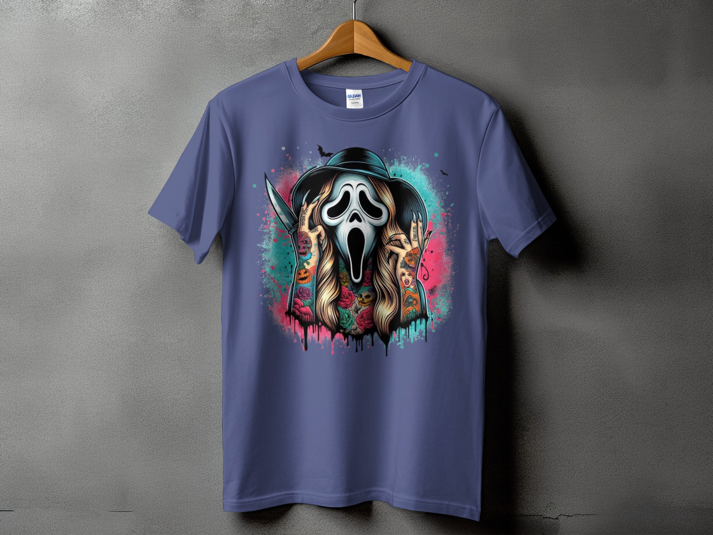 Scream ghost mask with tattoos, knife, and spooky Halloween elements on a t-shirt.
