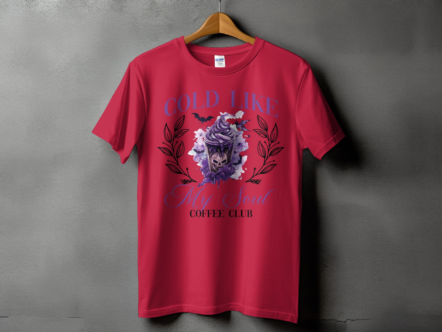 Red t-shirt with "Cold Like My Soul Coffee Club" graphic featuring a skull.