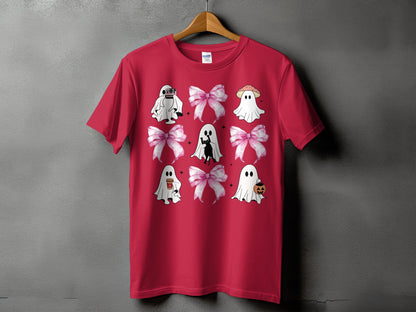 Red t-shirt with ghosts, bows, a black cat, and a pumpkin graphic.