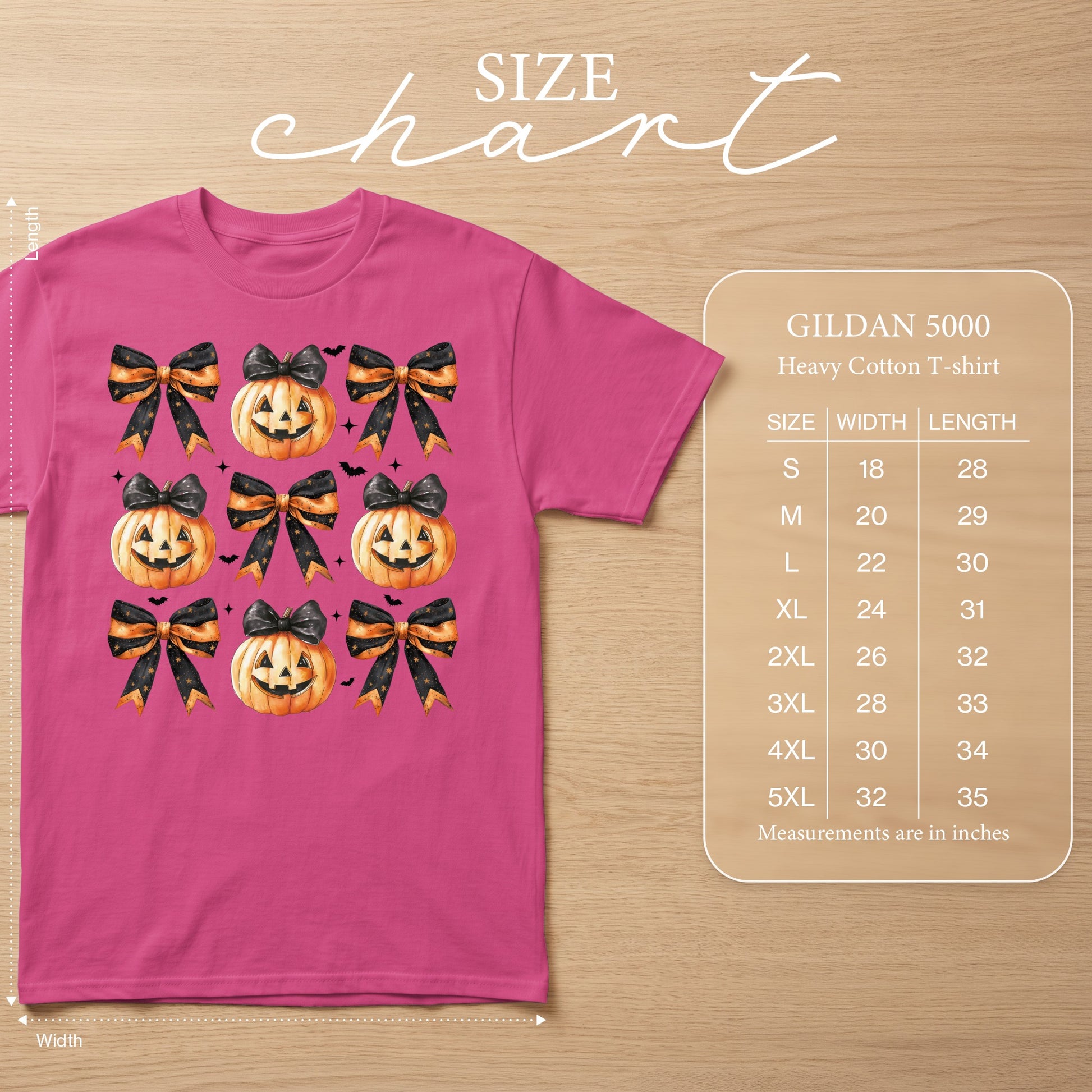 Pink t-shirt with Halloween pumpkins and bows graphic and Gildan 5000 size chart.