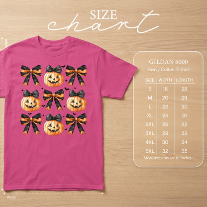 Pink t-shirt with Halloween pumpkins and bows graphic and Gildan 5000 size chart.