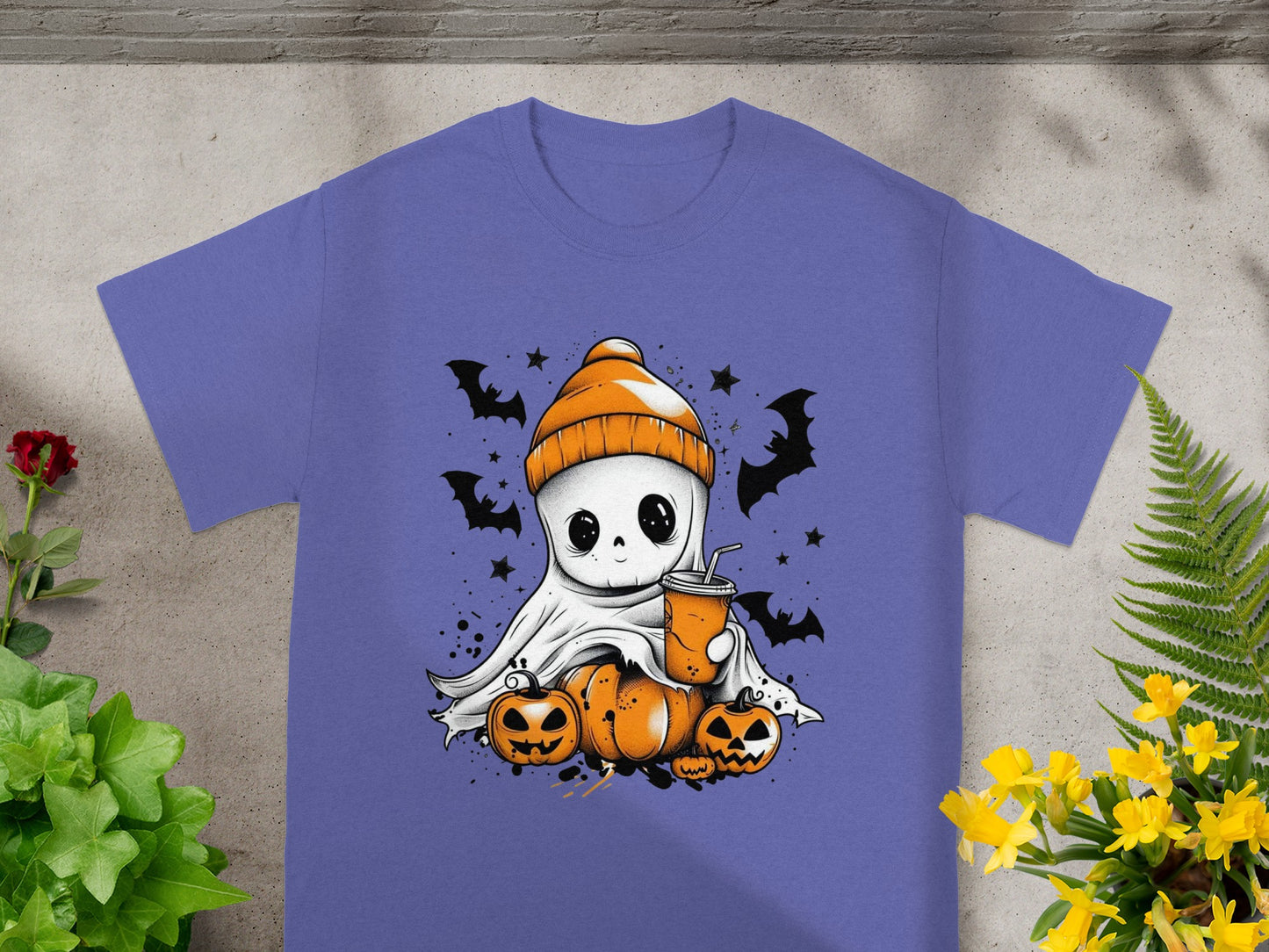 Cute ghost with pumpkins and drink on a purple t-shirt.