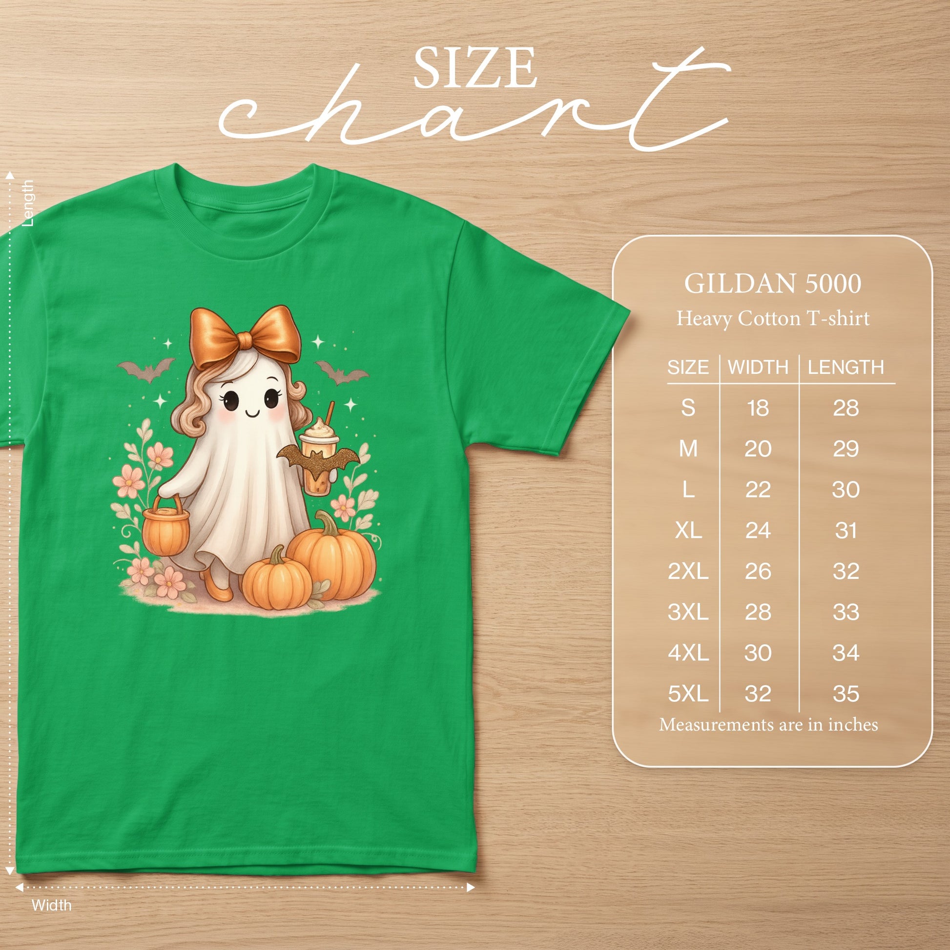 Gildan 5000 Heavy Cotton T-shirt size chart with cute ghost graphic.