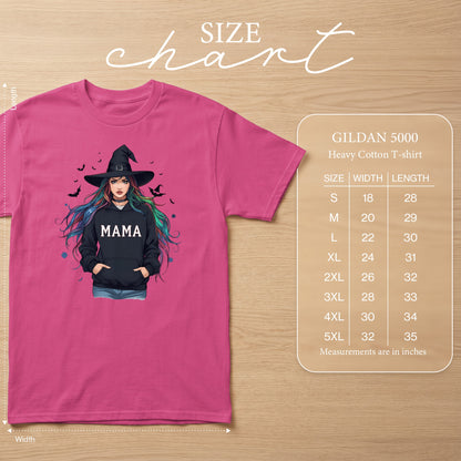 Pink t-shirt with witch graphic and "MAMA" text, includes size chart.
