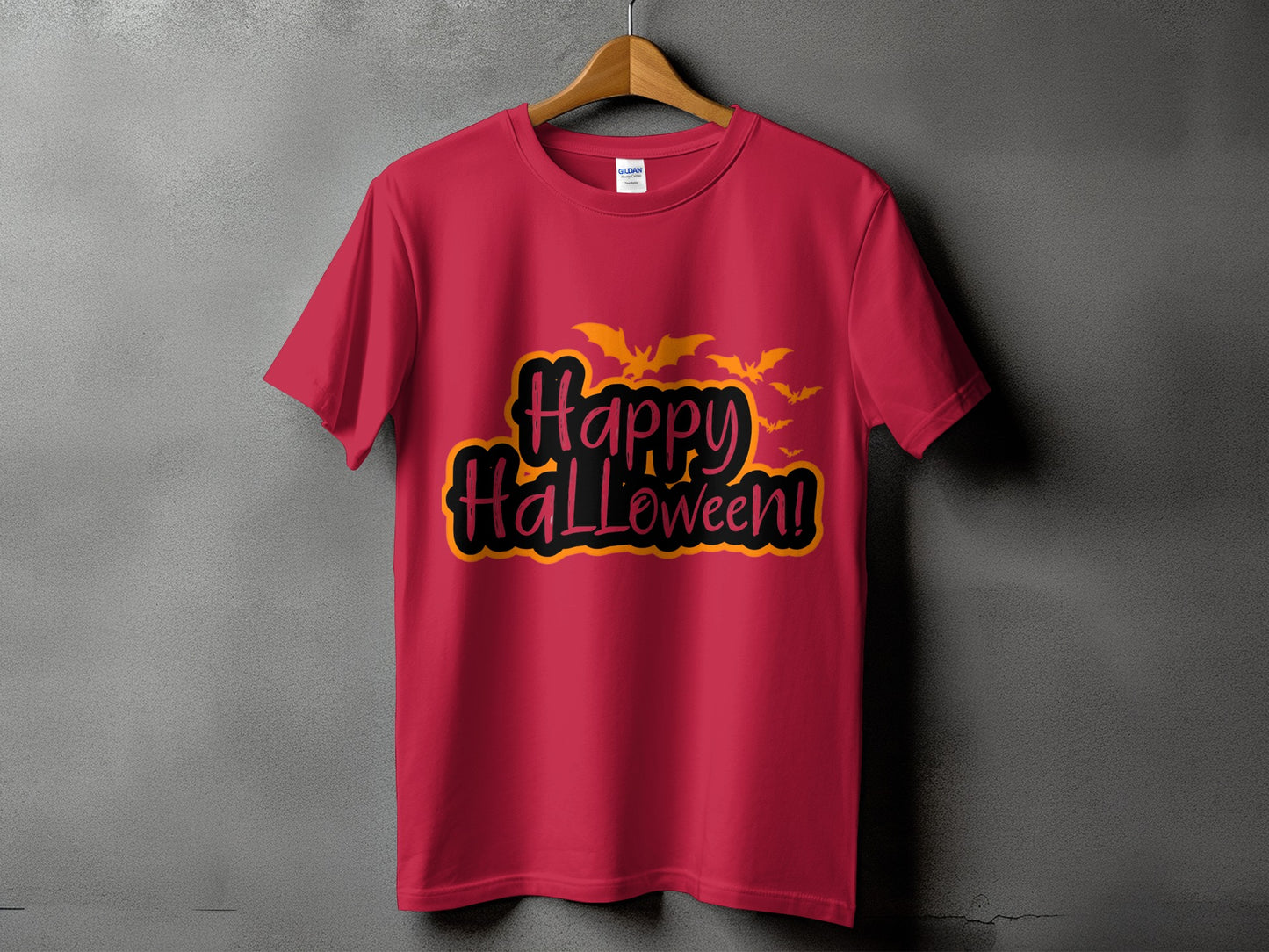 Red t-shirt with black and orange "Happy Halloween!" text and bats.