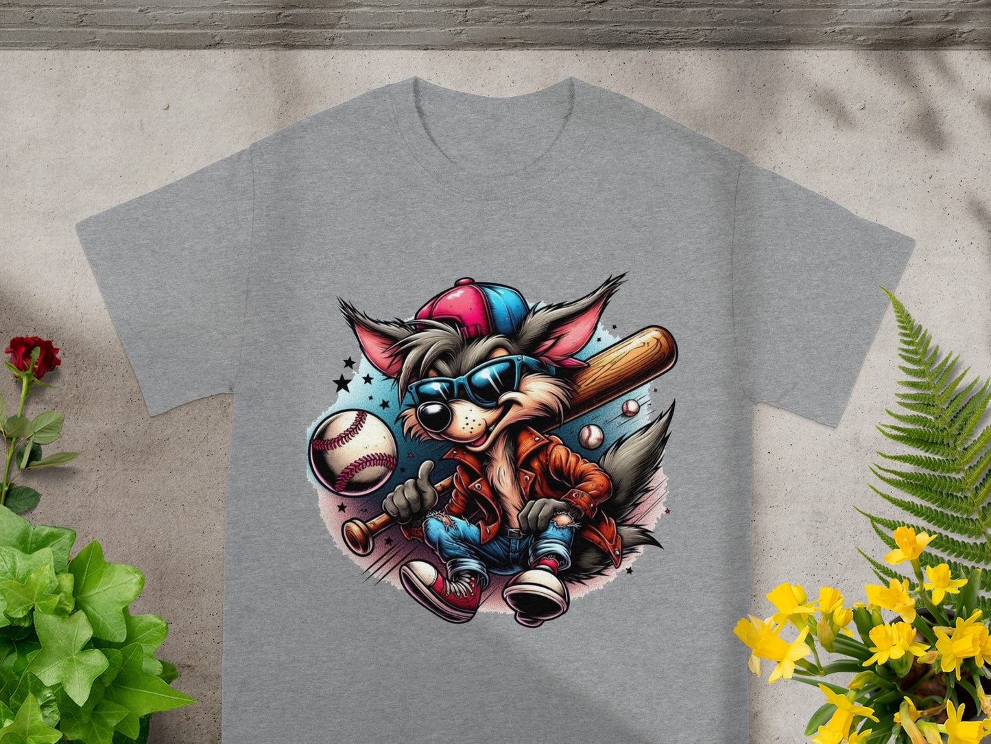 Cool Baseball Fox Graphic on Athletic Grey T-Shirt