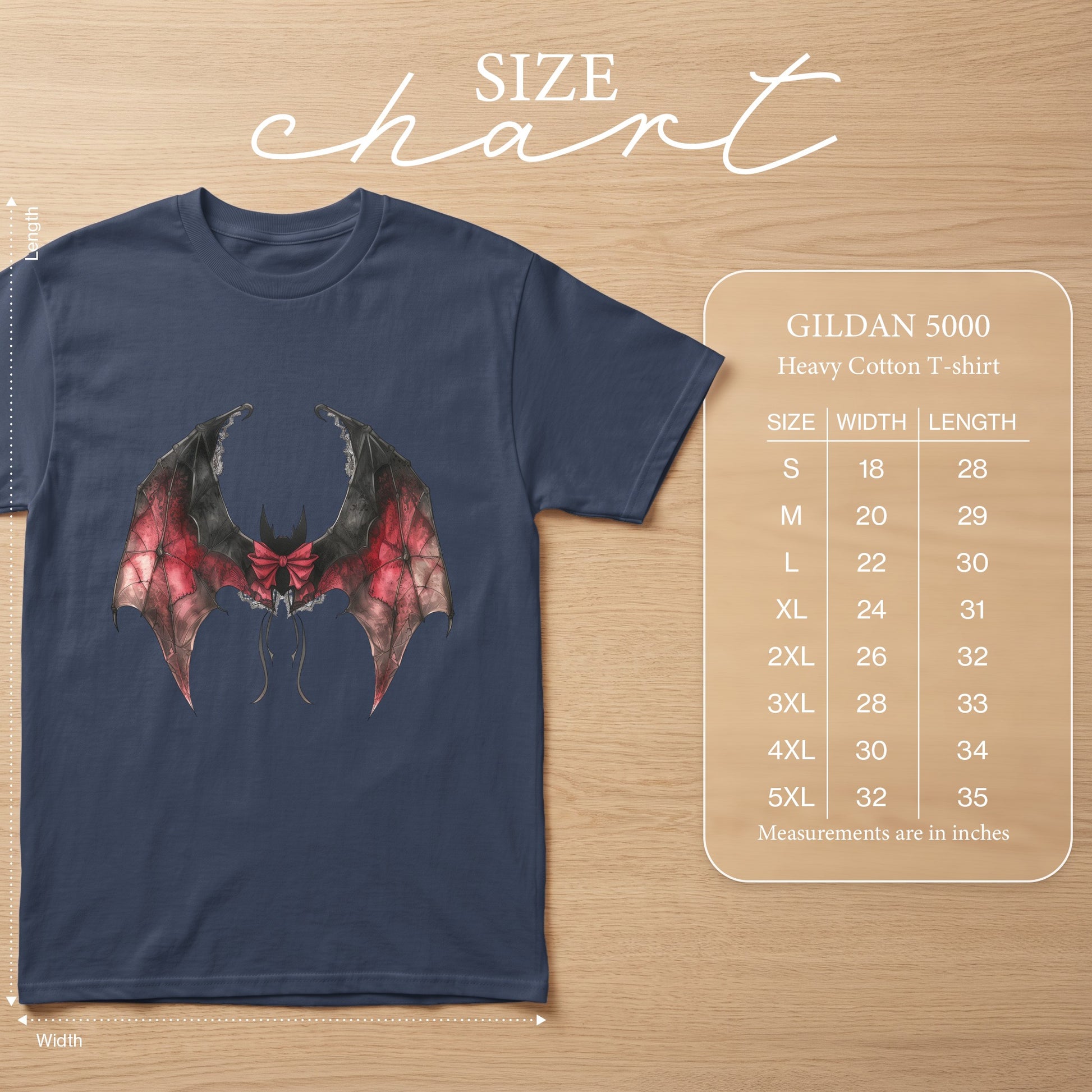 Gildan 5000 Heavy Cotton T-shirt size chart with measurements in inches.