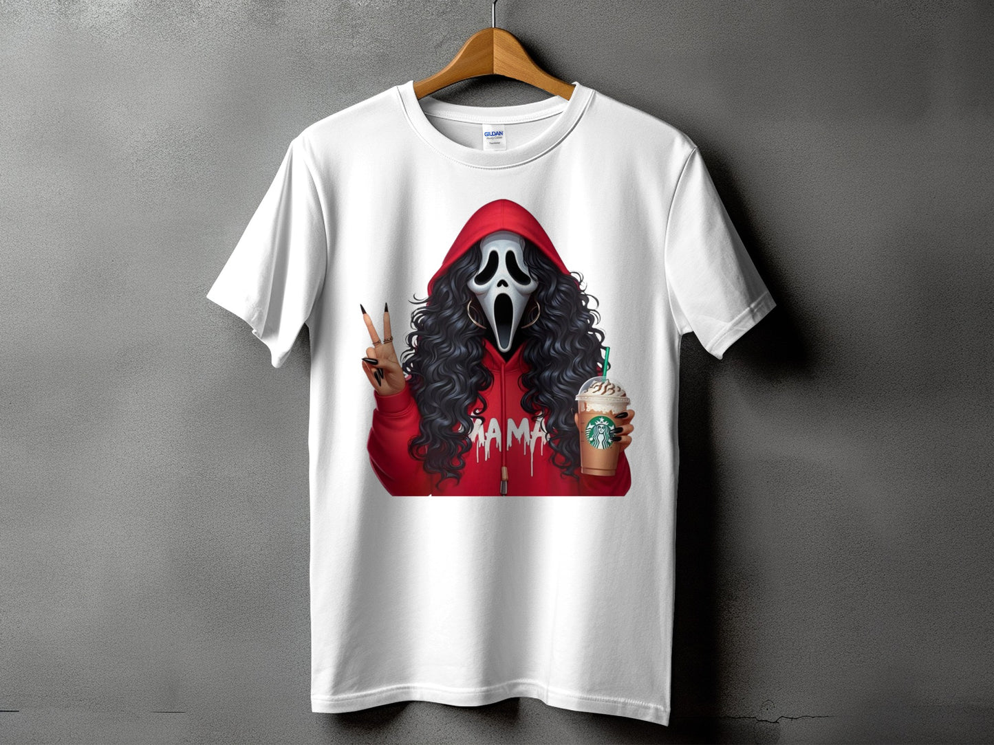 Ghostface with a Starbucks drink and "MAMA" text on a white t-shirt.