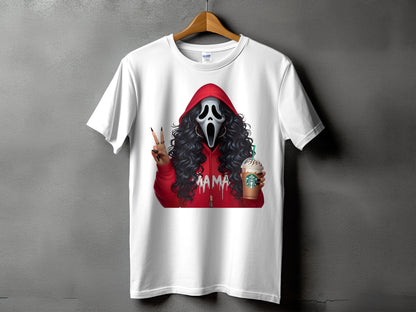 Ghostface with a Starbucks drink and "MAMA" text on a white t-shirt.