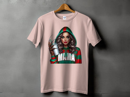 Pink t-shirt featuring a graphic of a woman in a striped green and red hoodie with "Mama" text.