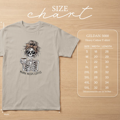 Skeleton with sunglasses and leopard print bow holding coffee, "Mama Needs Coffee" text, Gildan 5000 size chart.