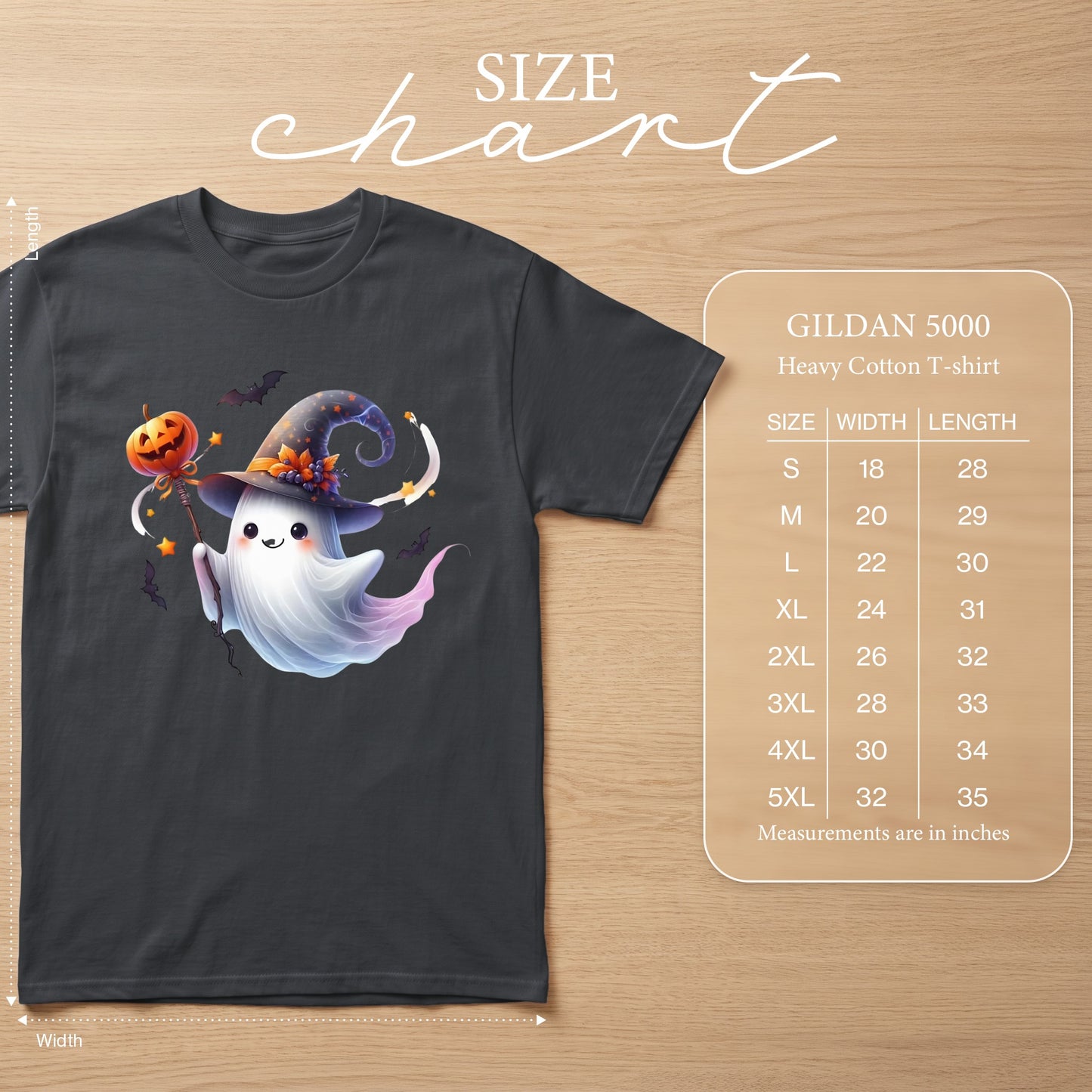 Gildan 5000 heavy cotton t-shirt with cartoon ghost graphic and size chart.