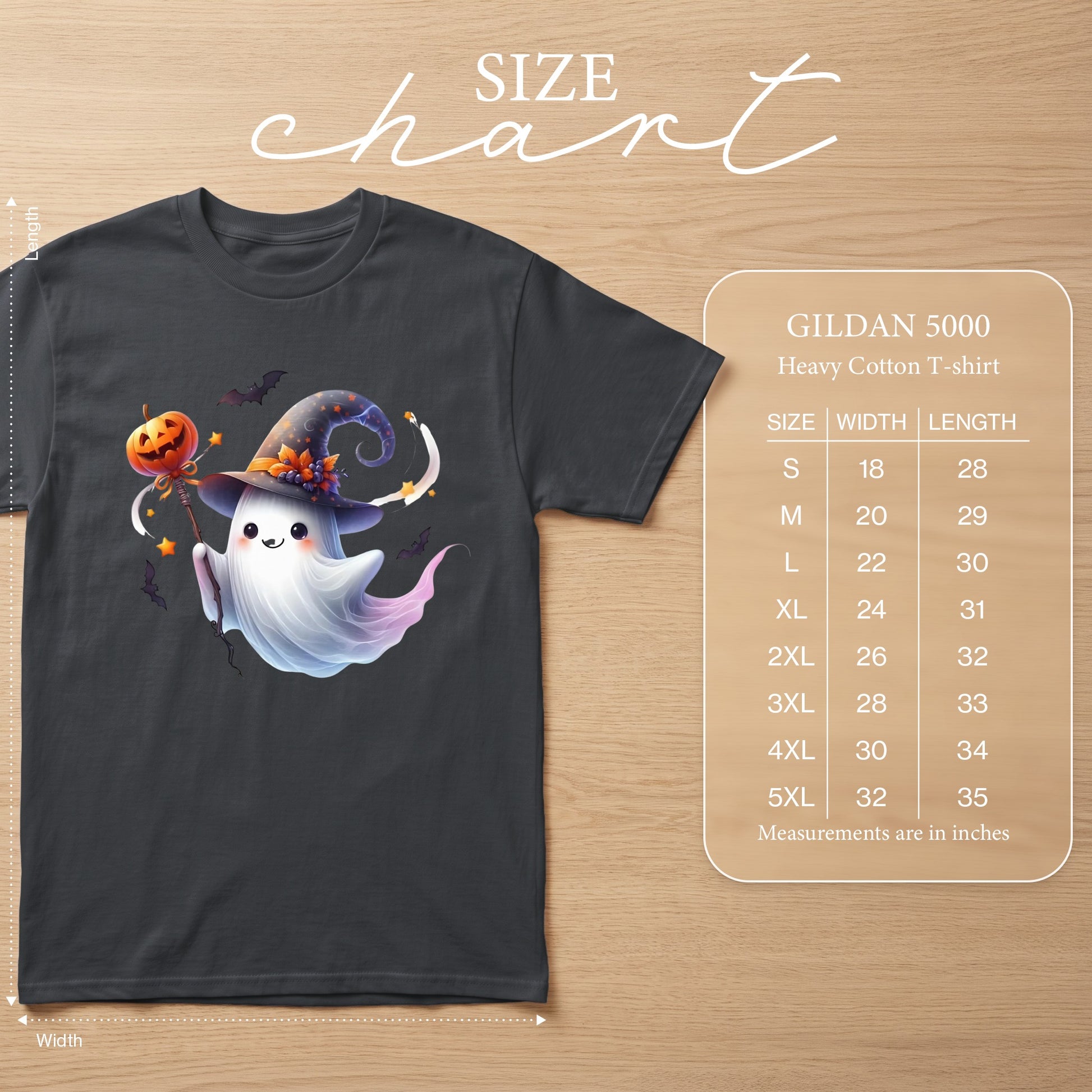 Gildan 5000 heavy cotton t-shirt with cartoon ghost graphic and size chart.