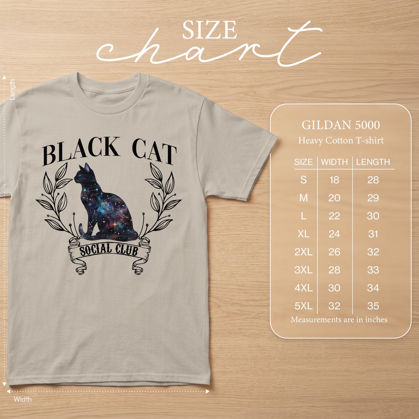 Gildan 5000 Heavy Cotton T-shirt with Black Cat Social Club graphic and size chart.