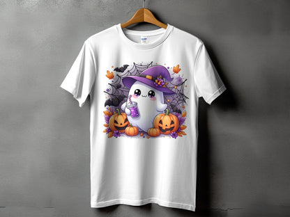 White t-shirt with Halloween ghost, pumpkins, bats, and spiderwebs graphic.
