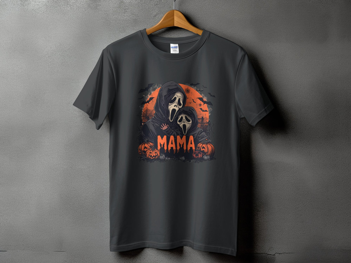 Dark grey t-shirt with Halloween graphic featuring two ghost figures and the word "MAMA".