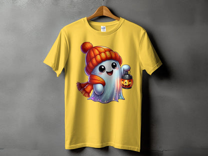 Yellow t-shirt with a ghost in a hat and scarf holding a jack-o'-lantern.