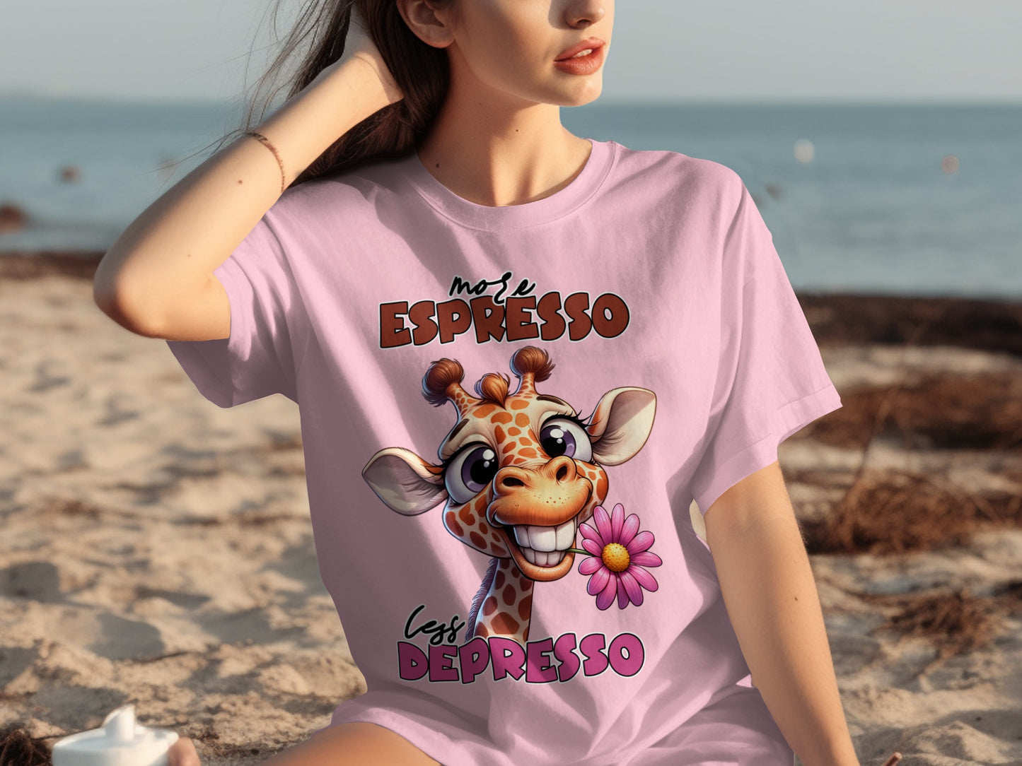 Cute Giraffe Espresso Less Depresso Graphic T-Shirt
