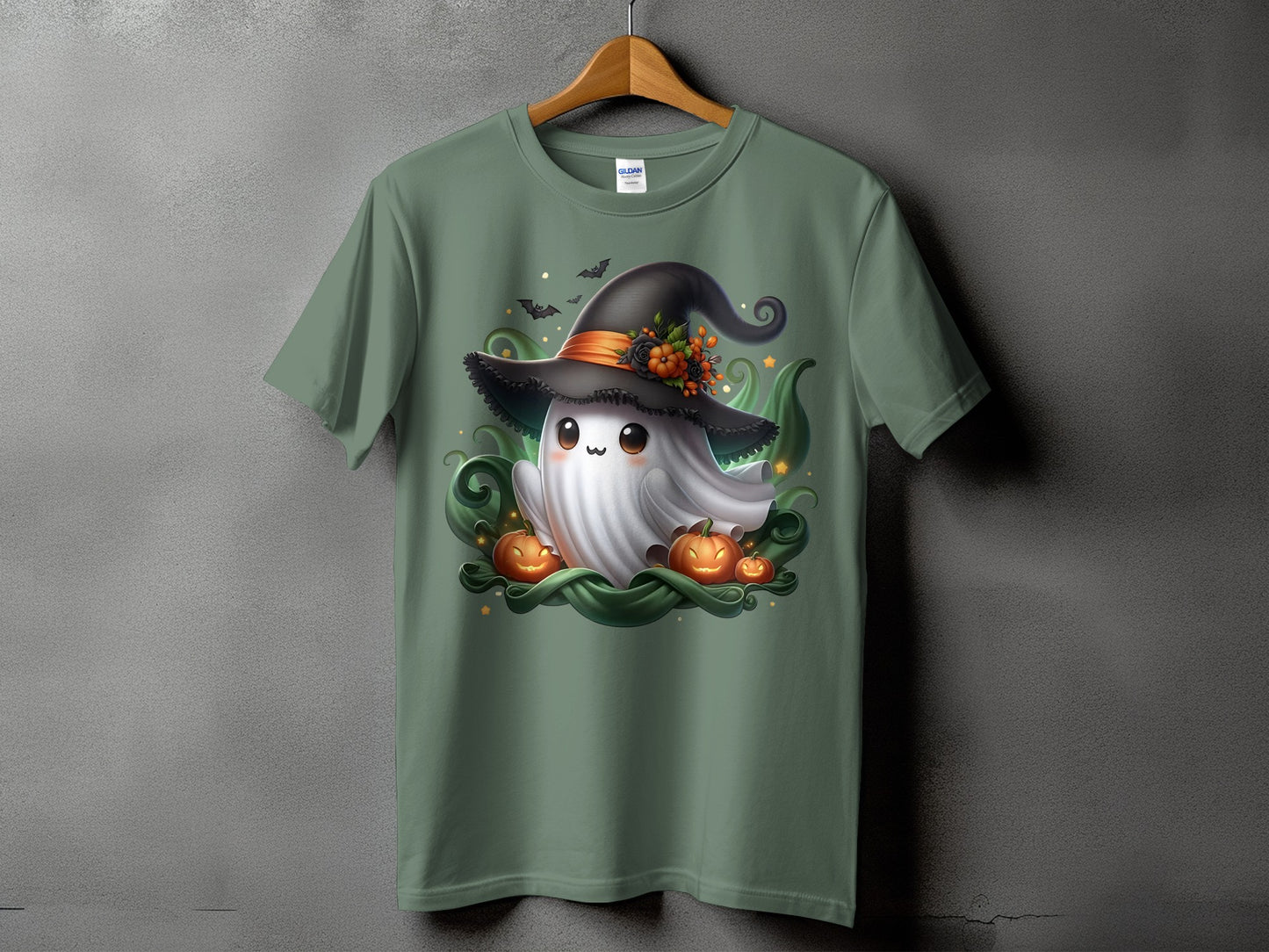 Cute ghost wearing witch hat with pumpkins and bats.