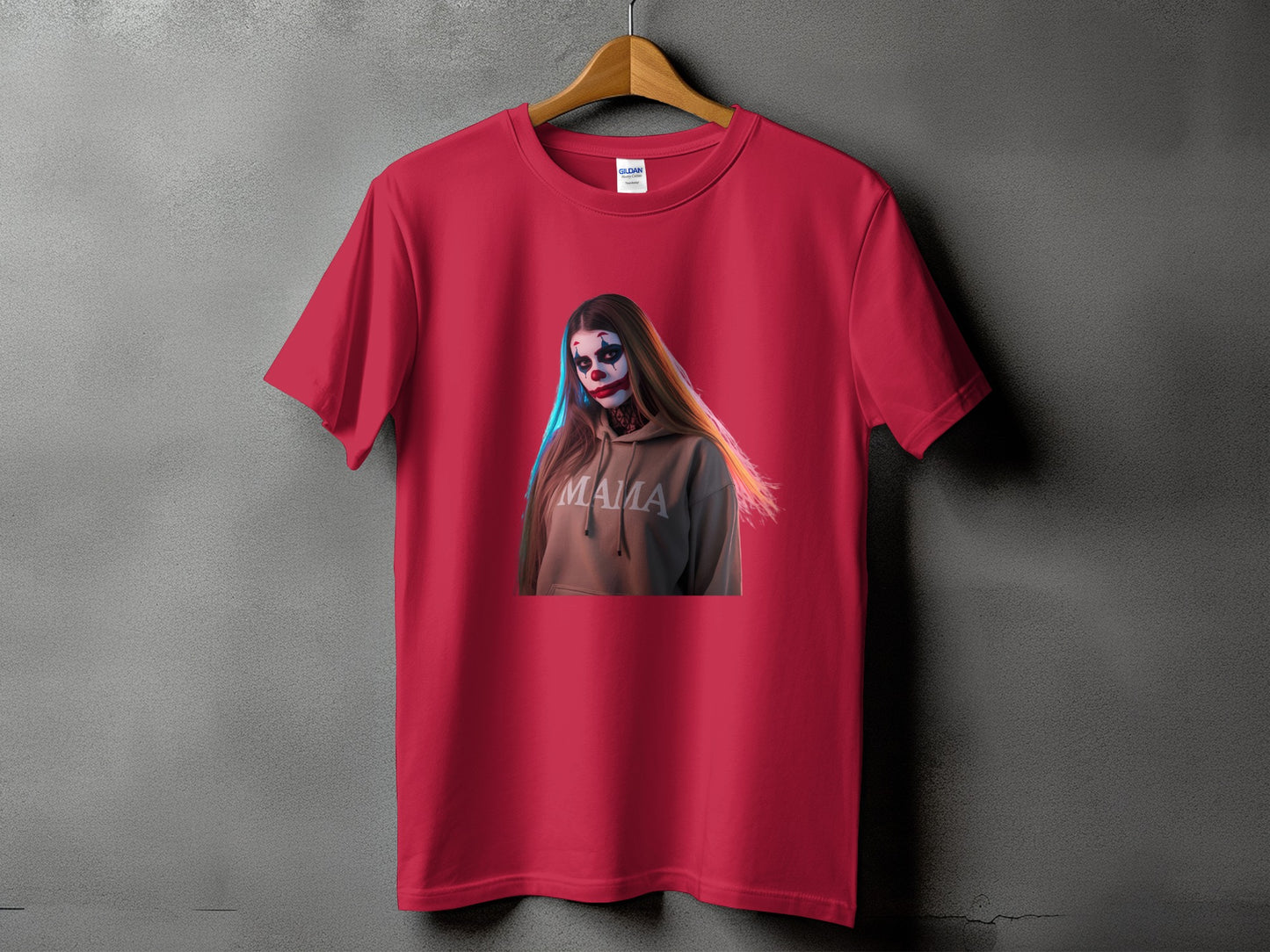 Red t-shirt with a graphic of a woman with clown makeup wearing a hoodie that says "Mama."