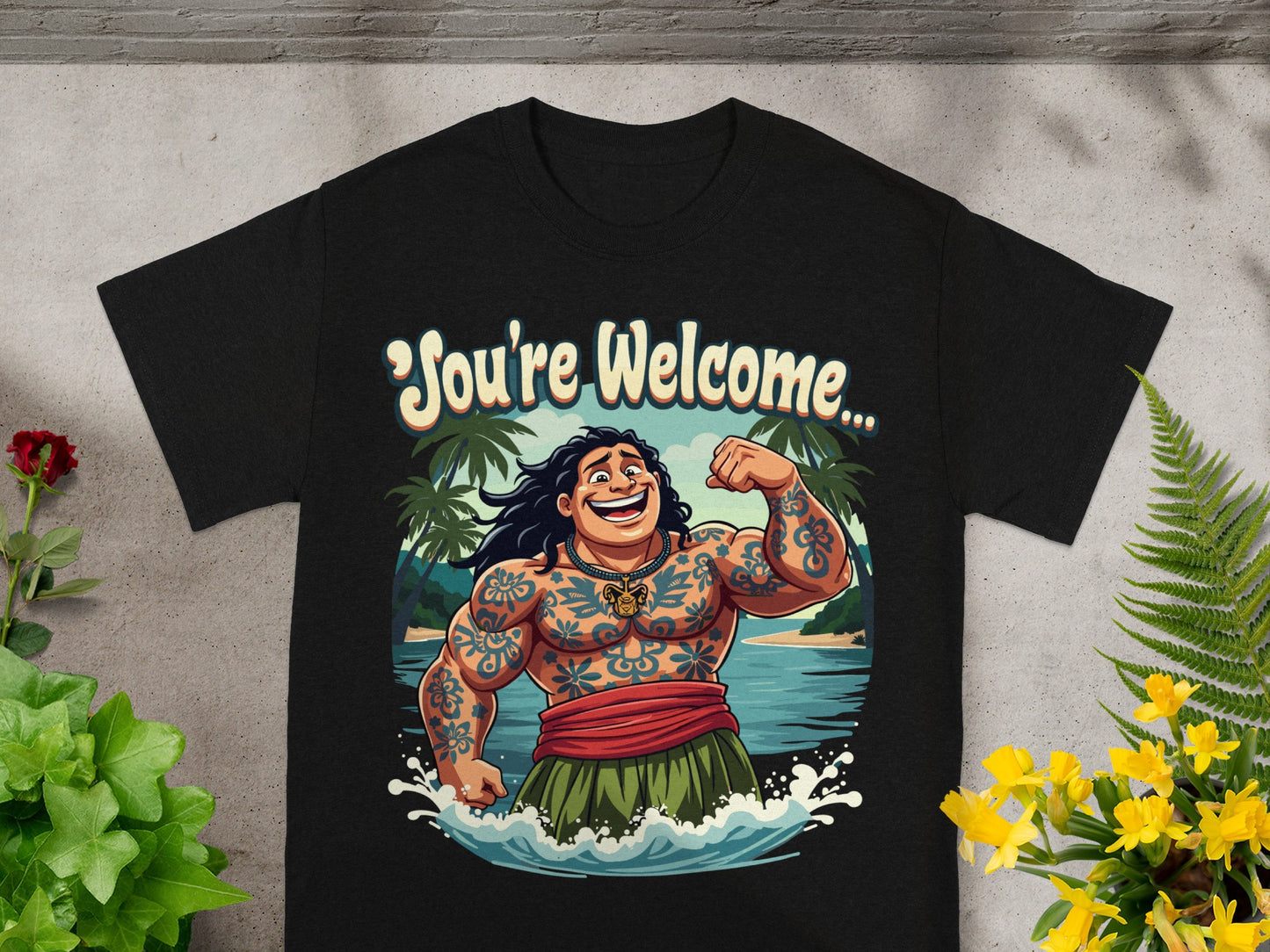 Black t-shirt with cartoon character saying "You're Welcome" in the ocean