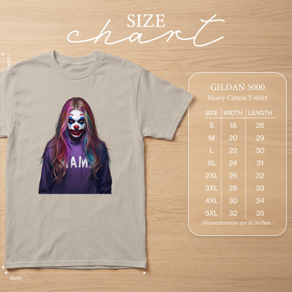 Gildan 5000 Heavy Cotton T-shirt size chart with clown graphic and measurements.