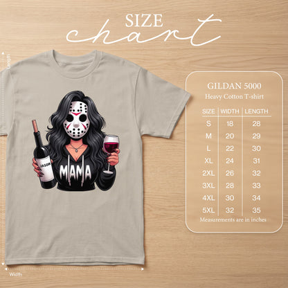 T-shirt with "Mama" and Jason mask design, holding a wine bottle and glass. Size chart included.
