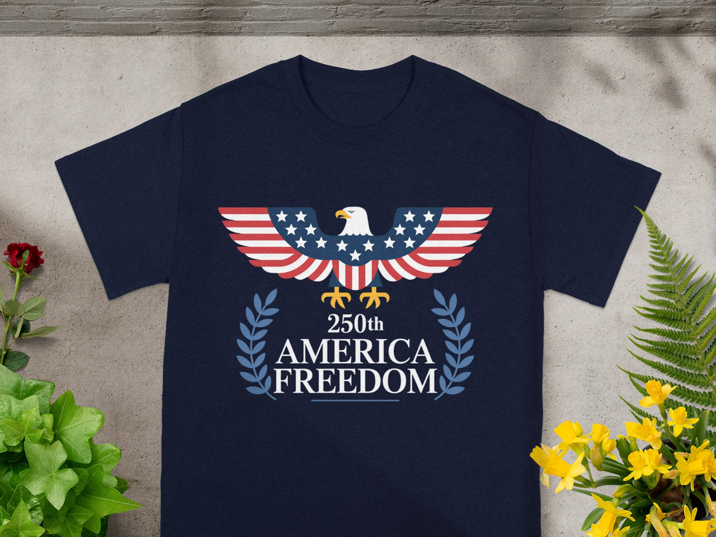 Navy t-shirt with American flag eagle and "250th America Freedom" text.