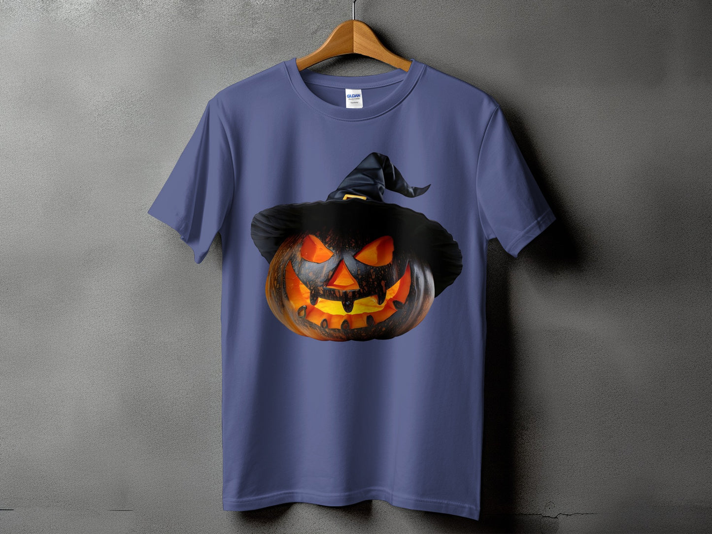 Gildan t-shirt with a spooky jack-o'-lantern wearing a witch hat graphic.