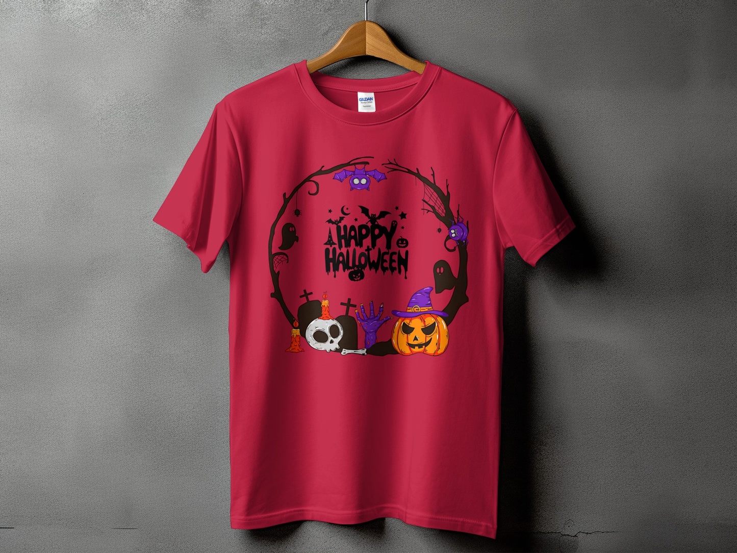 Red t-shirt with a "Happy Halloween" graphic featuring spooky creatures and symbols.