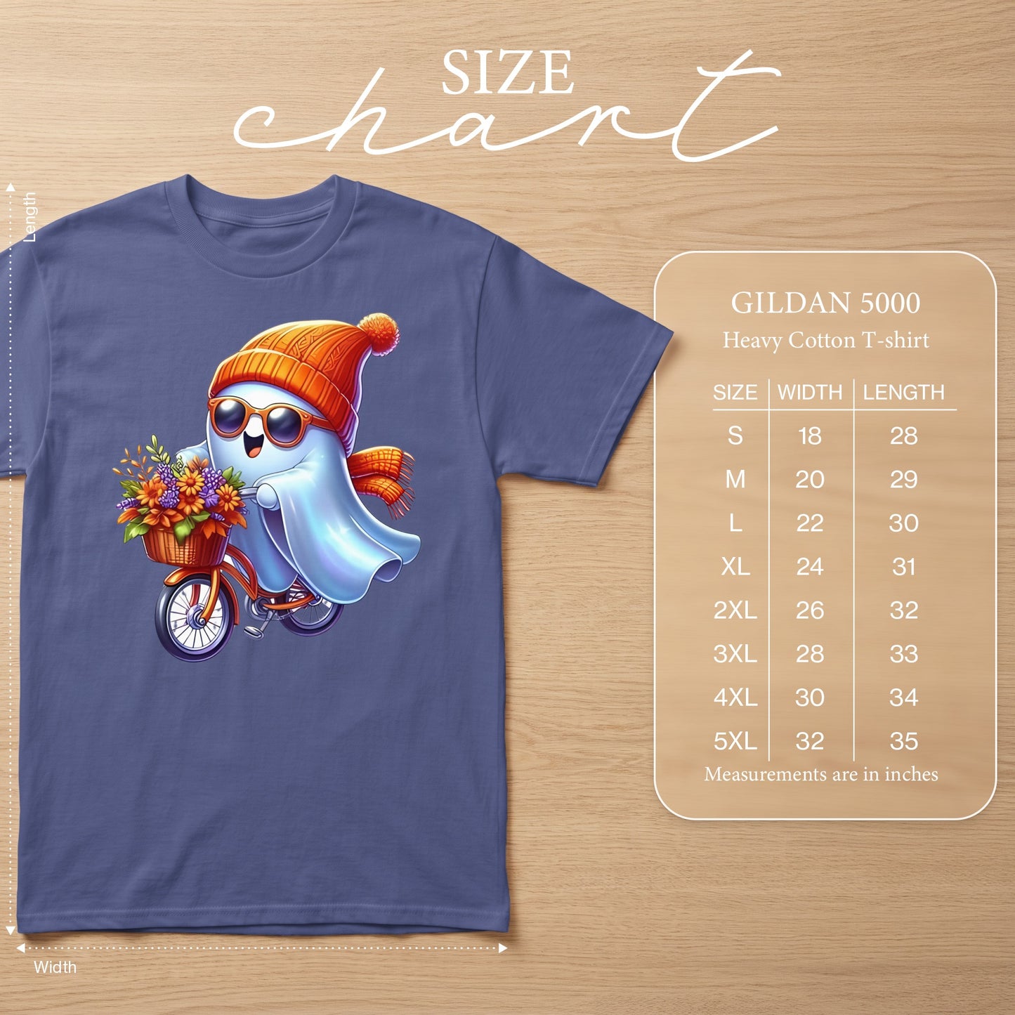 Ghost character riding bicycle with basket of flowers, Gildan 5000 size chart.