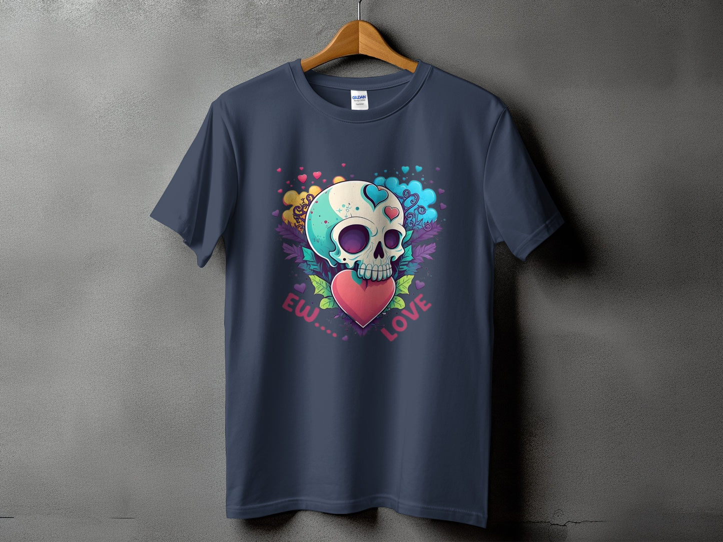 Dark blue t-shirt with colorful skull, heart, and "Ew... Love" text graphic.