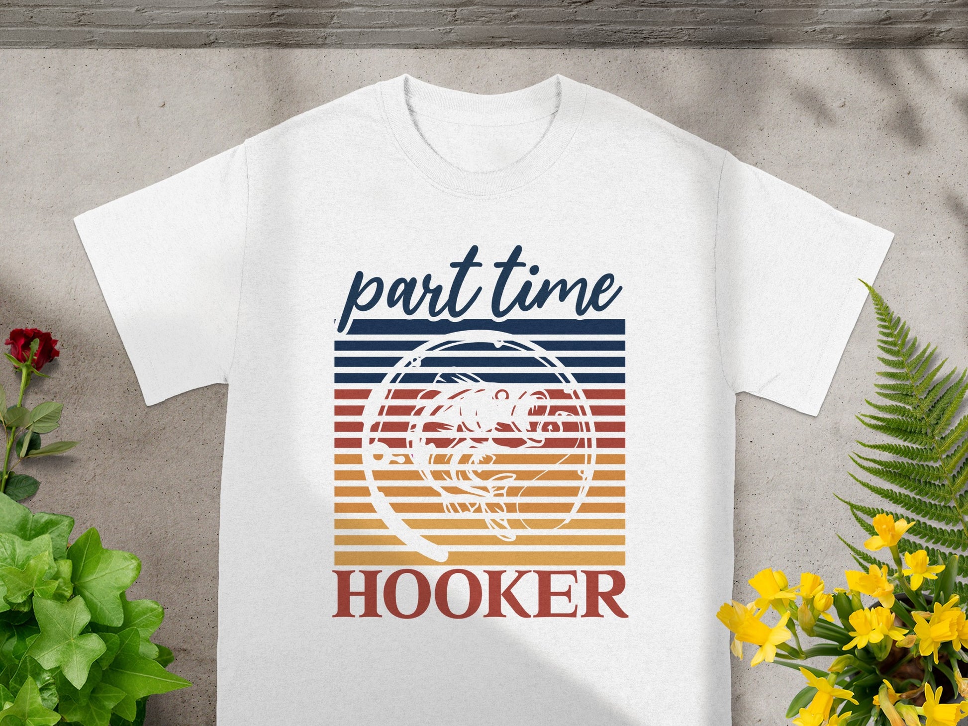 White t-shirt graphic with "part time HOOKER" text and a fish.