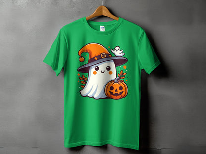Green t-shirt with cartoon ghost wearing witch hat and holding pumpkin.