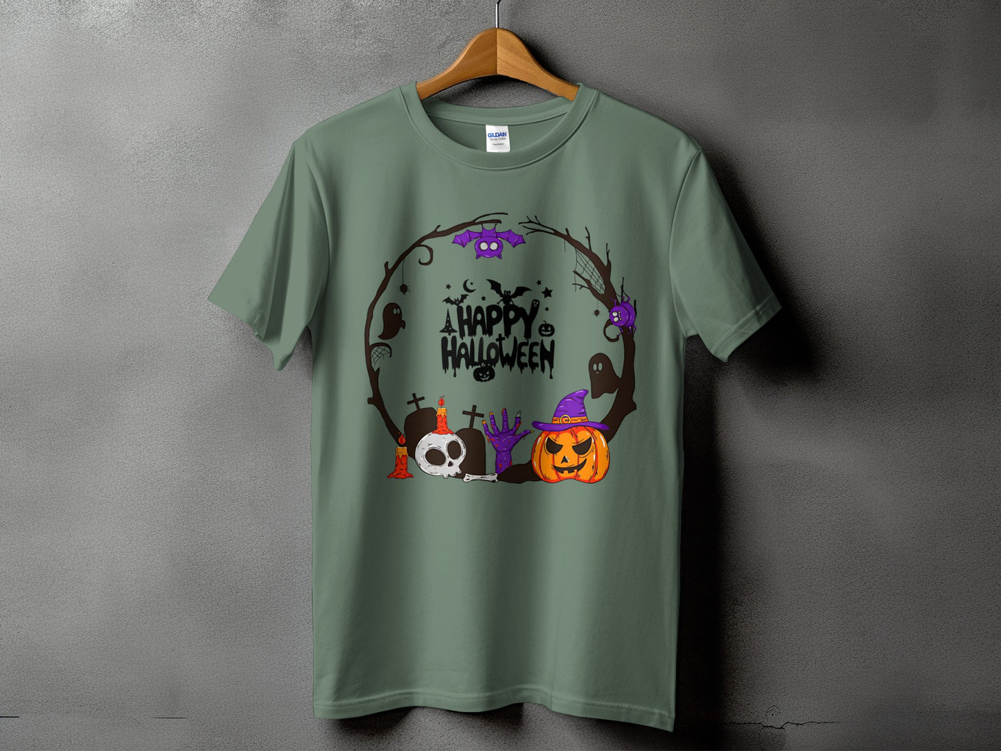 Green t-shirt with a circular Halloween graphic featuring a pumpkin, skull, and bats.