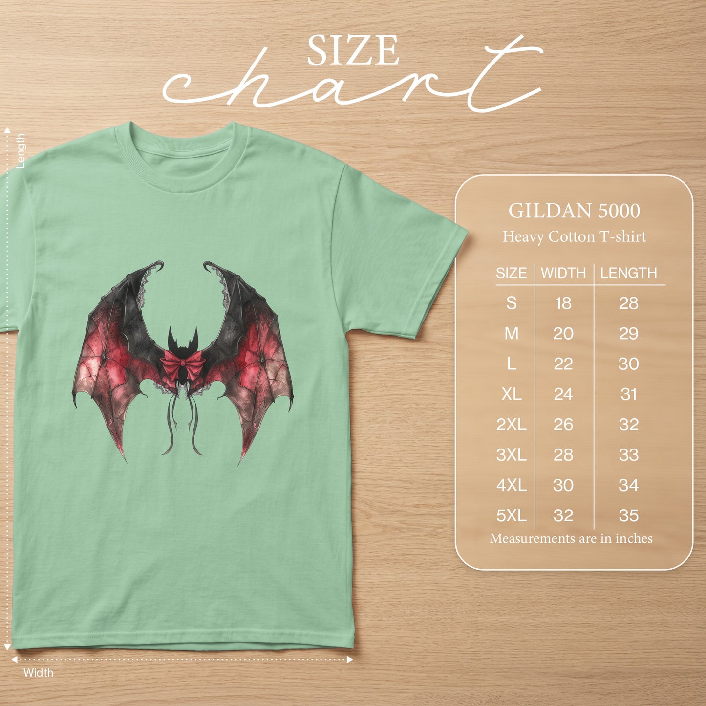Light green Gildan 5000 t-shirt with bat graphic and size chart.