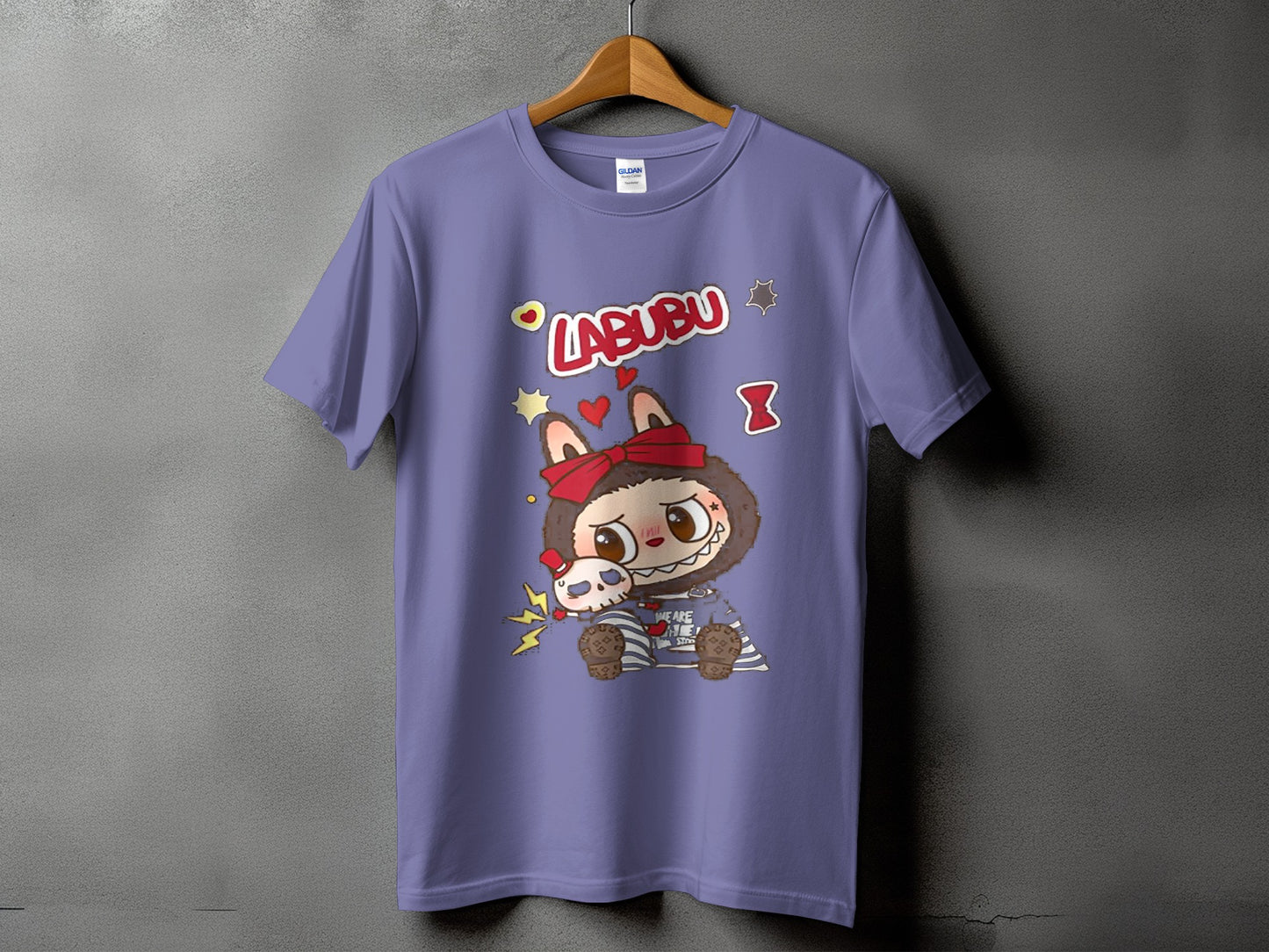 Purple t-shirt with Labubu character holding a skull and text.