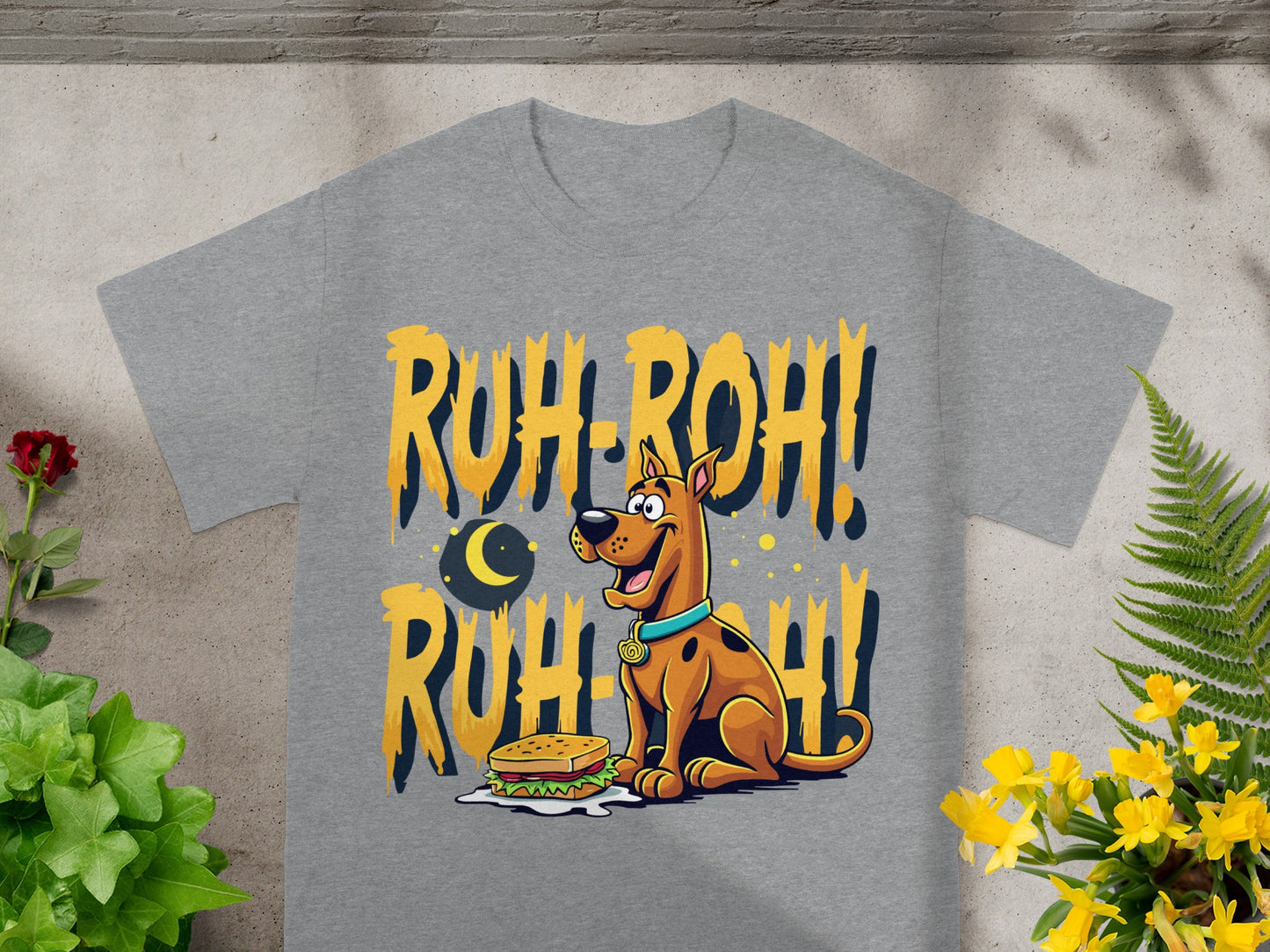 Scooby-Doo sits by a sandwich with "RUH-ROH!" text above him.