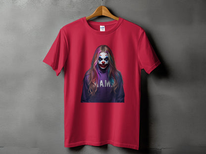 Red t-shirt with a clown graphic wearing a purple hoodie with "MAMA" on it.