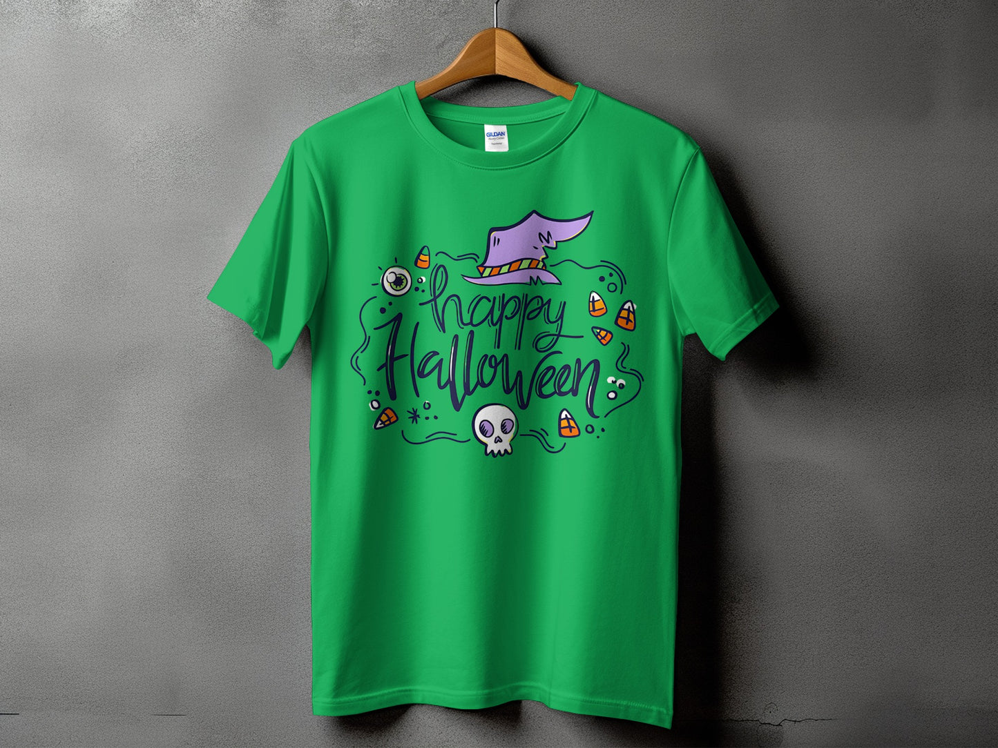Green t-shirt with purple text "happy Halloween" and Halloween graphics.